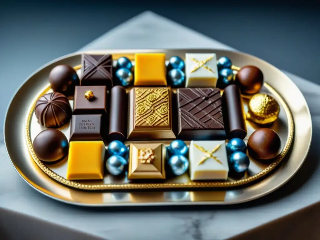 Una exquisita variedad de chocolates sin gluten indulgentes comparativa, decorados con detalles lujosos y tentadores, dispuestos en un plato de plata