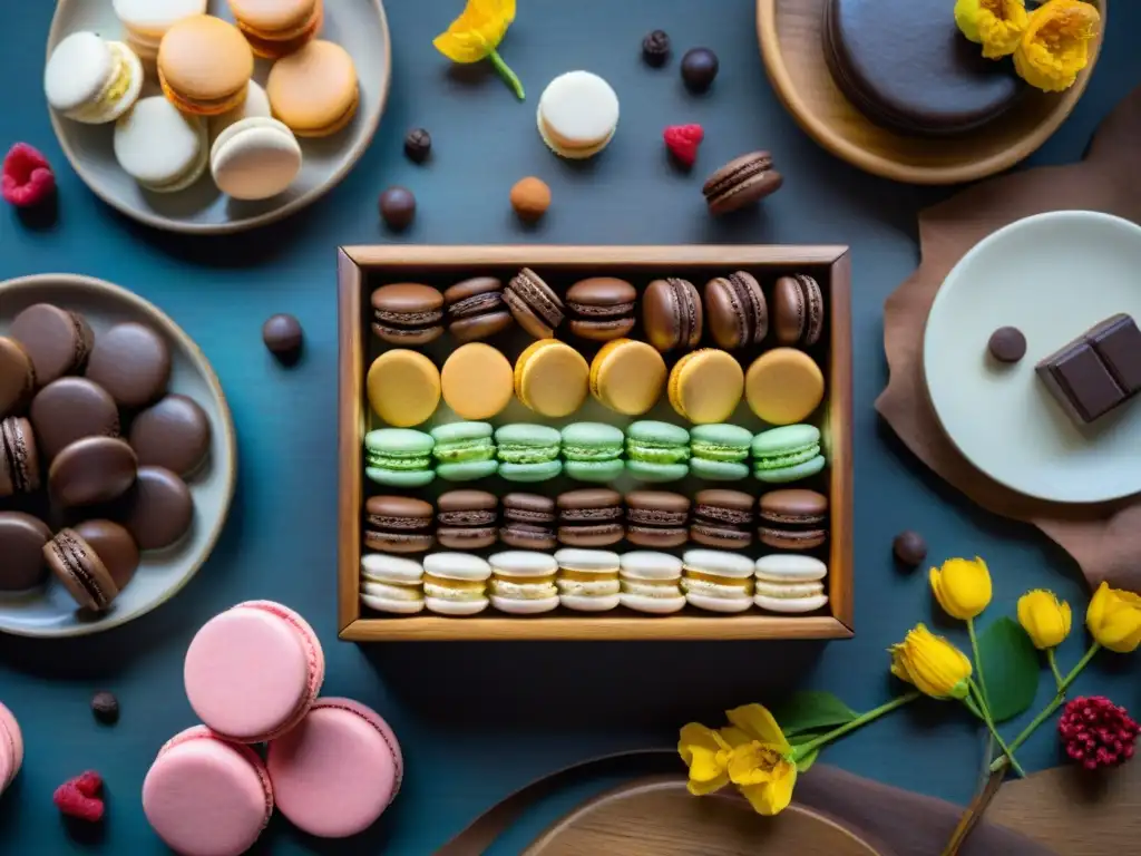 Una exquisita variedad de dulces tradicionales sin gluten, decorados con detalle, rodeados de frutas y flores en una mesa de madera rústica