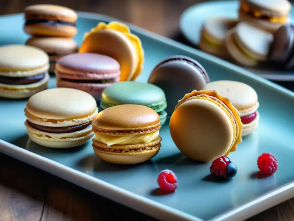 Una exquisita variedad de dulces tradicionales sin gluten: macarons, churros y flan, presentados con elegancia en una mesa rústica