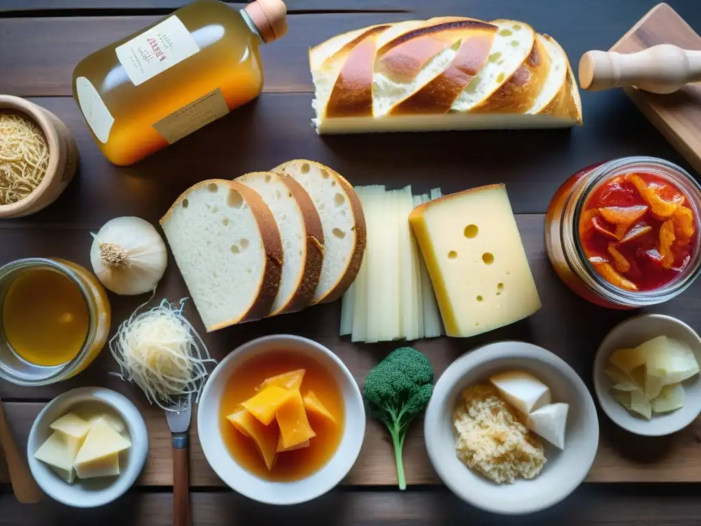 Una exquisita variedad de fermentados sin gluten deliciosos en una mesa rústica iluminada suavemente