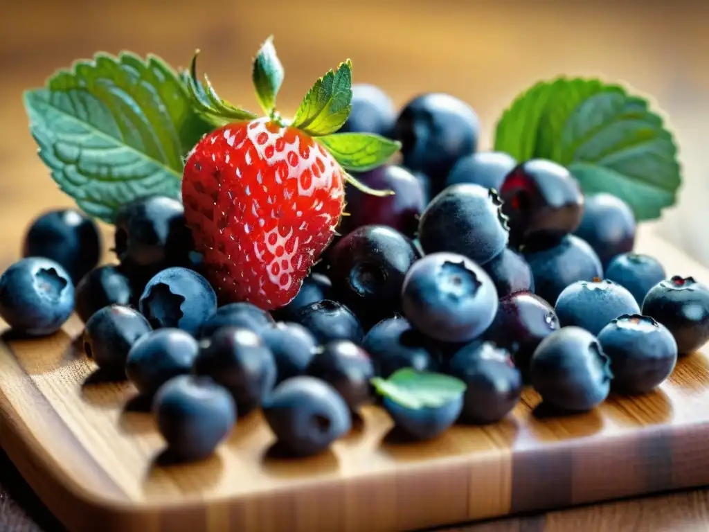 Una exquisita variedad de bayas frescas con beneficios antioxidantes en una tabla de madera, rodeadas de hojas de menta y luz suave