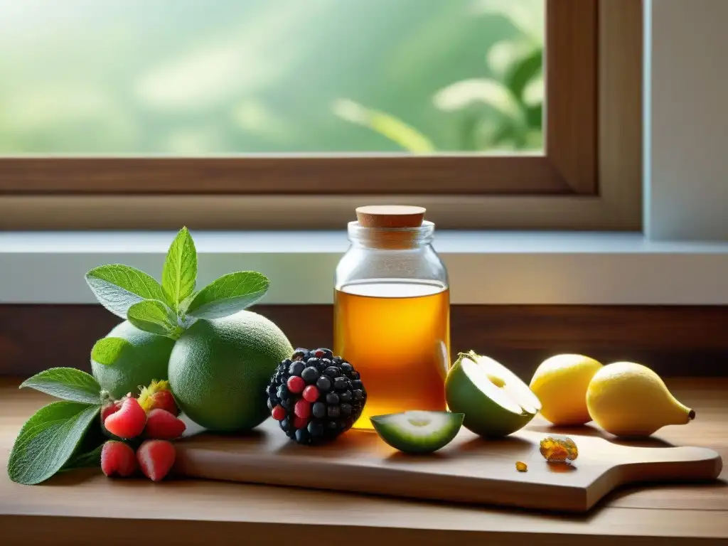 Una exquisita variedad de frutas y edulcorantes naturales, como hojas de stevia y néctar de agave, sobre tabla de madera con luz natural en la cocina