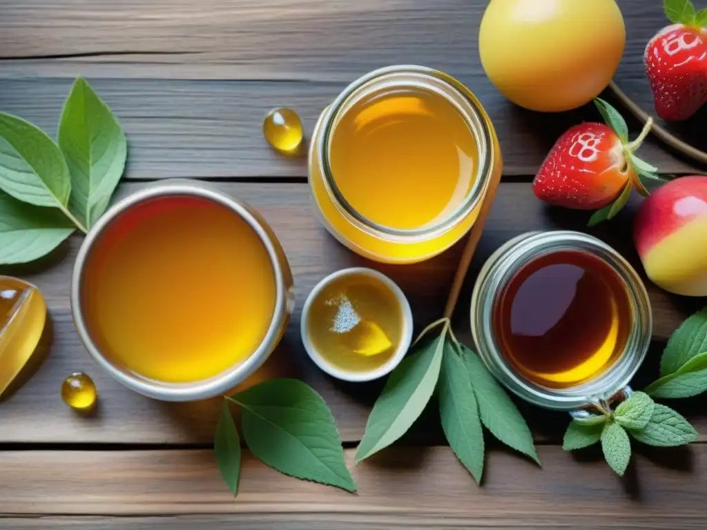 Deliciosas frutas y endulzantes naturales en mesa rústica Una exquisita variedad de frutas y edulcorantes naturales sin gluten, presentados con elegancia en una mesa rústica