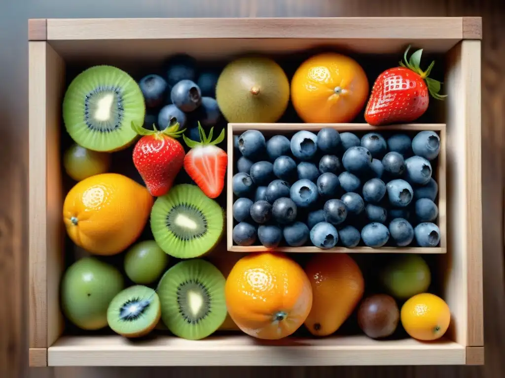 Una exquisita variedad de frutas frescas en una caja de madera rústica, bañadas por la luz natural