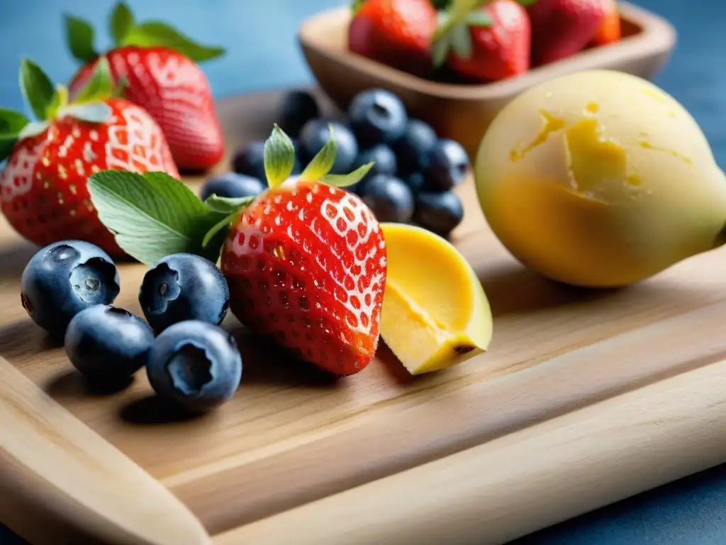 Una exquisita variedad de frutas frescas y coloridas sobre tabla de madera, listas para helados veganos sin gluten caseros