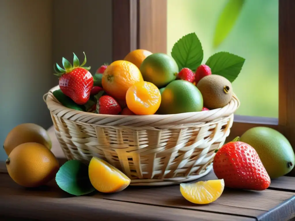 Una exquisita variedad de frutas frescas y coloridas en una cesta de mimbre sobre una mesa de madera rústica, iluminadas por el cálido sol