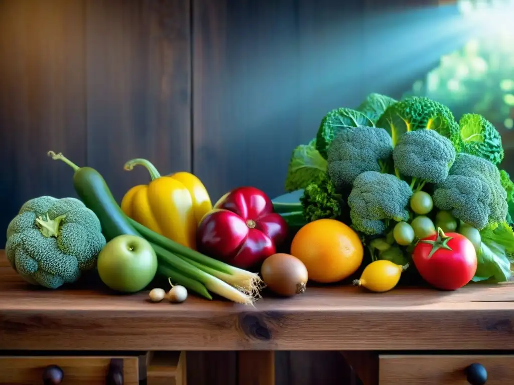 Una exquisita variedad de frutas y verduras orgánicas sin gluten sobre mesa rústica