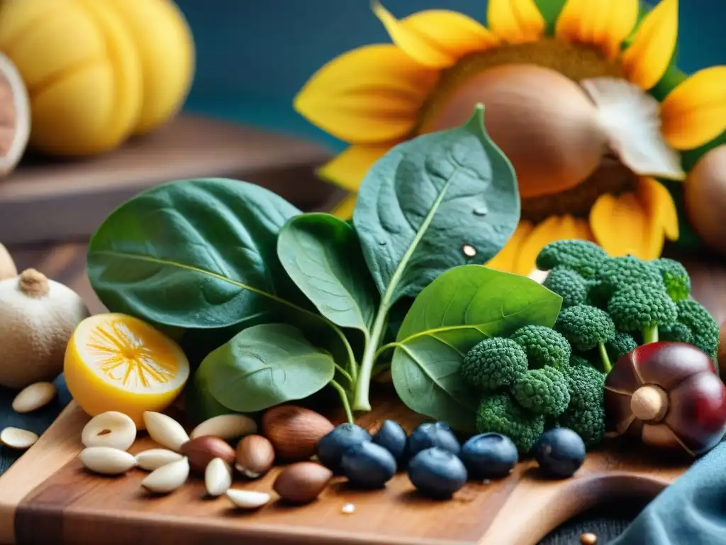 Una exquisita variedad de frutas y verduras ricas en selenio sobre tabla de madera