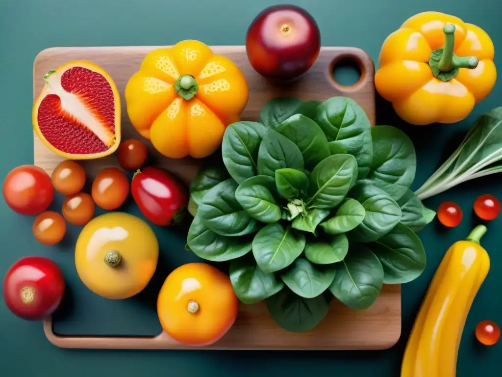 Una exquisita variedad de frutas y verduras frescas, detalladas y coloridas, sobre una tabla de cortar de madera, bajo luz natural