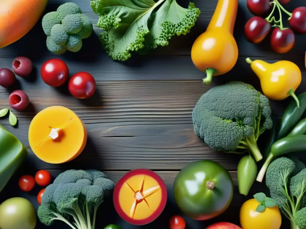 Frescura y color: variedad de frutas y verduras en mesa rústica Una exquisita variedad de frutas y verduras frescas, ricas en vitaminas, sobre mesa de madera