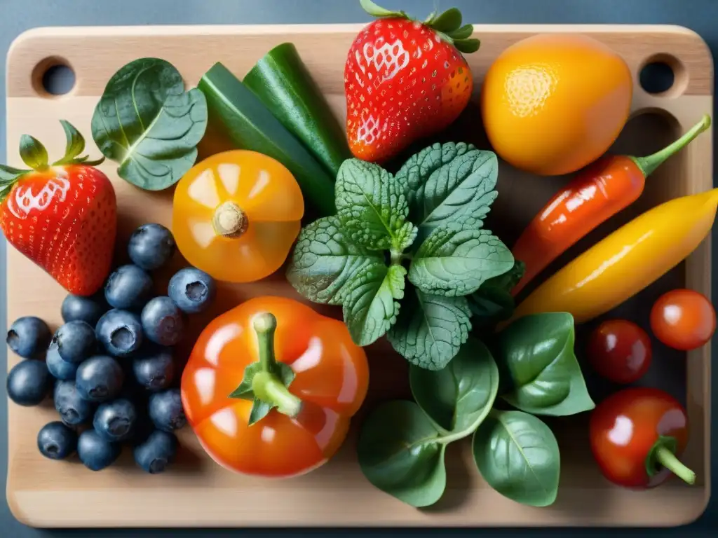 Una exquisita variedad de frutas y verduras frescas sobre tabla de cortar de madera