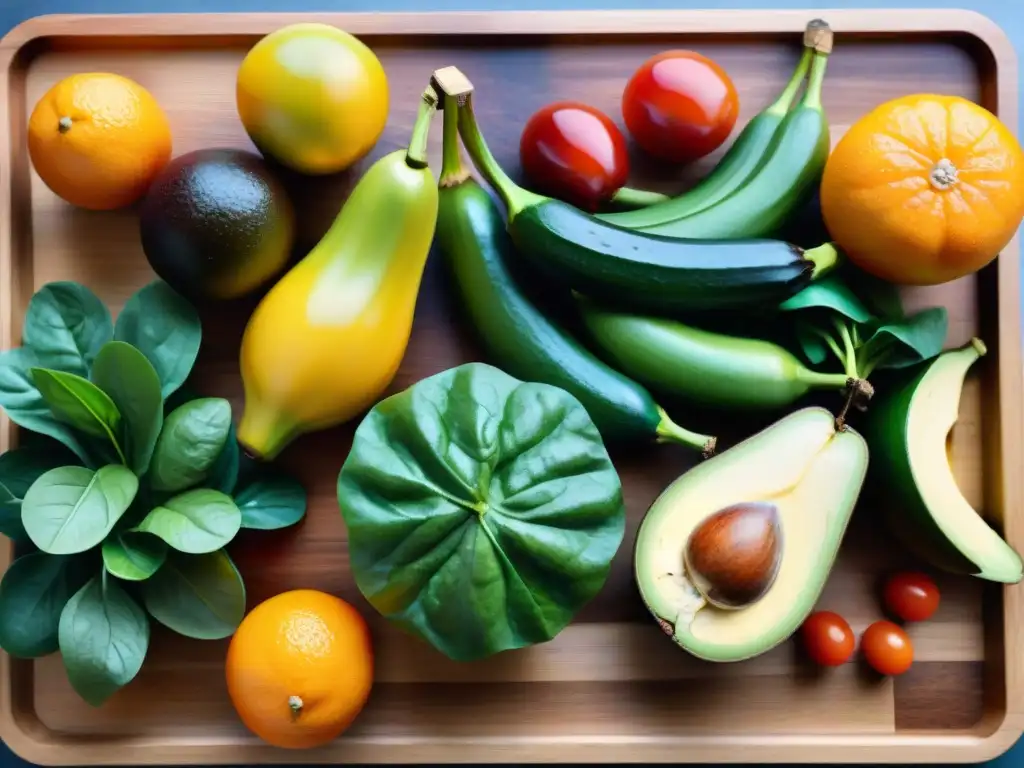 Una exquisita variedad de frutas y verduras ricas en vitaminas B, sin gluten, sobre tabla de madera con gotas de agua