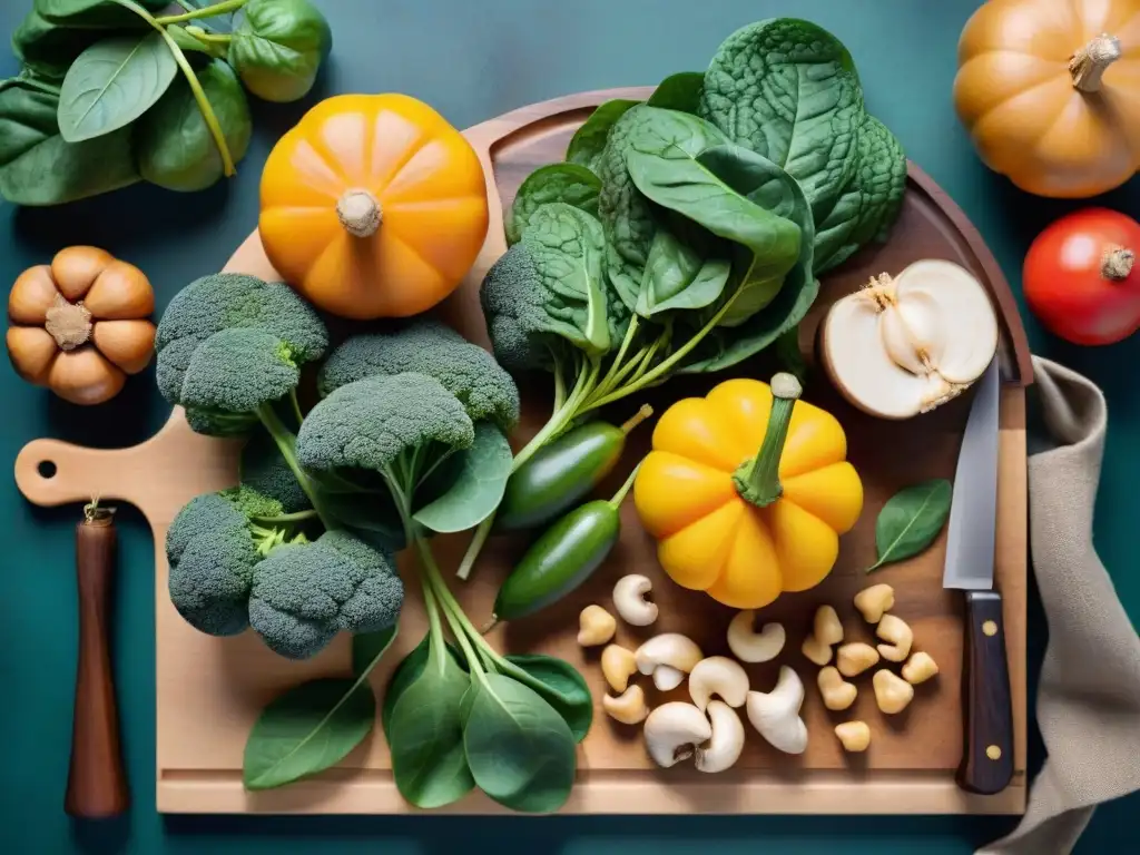 Una exquisita variedad de frutas y verduras ricas en zinc en una tabla de madera, con un cuchillo vintage