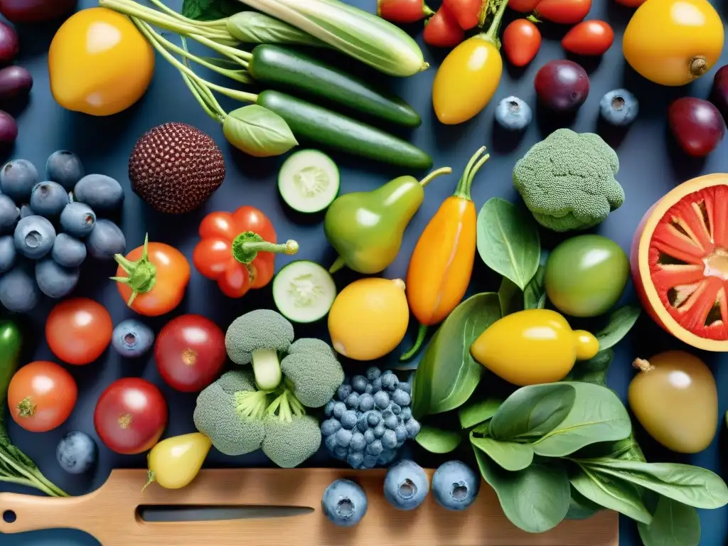 Una exquisita variedad de frutas y verduras frescas en arcoíris sobre tabla de madera