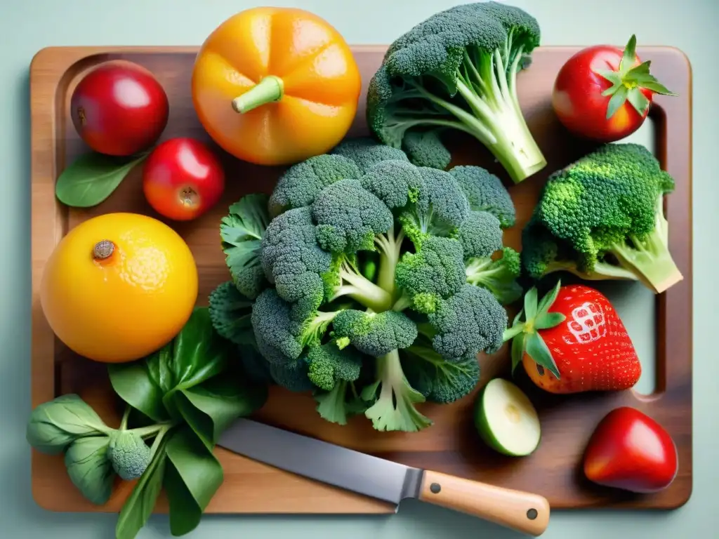 Una exquisita variedad de frutas y verduras frescas en una tabla de cortar de madera, ideal para una cocina sin gluten saludable