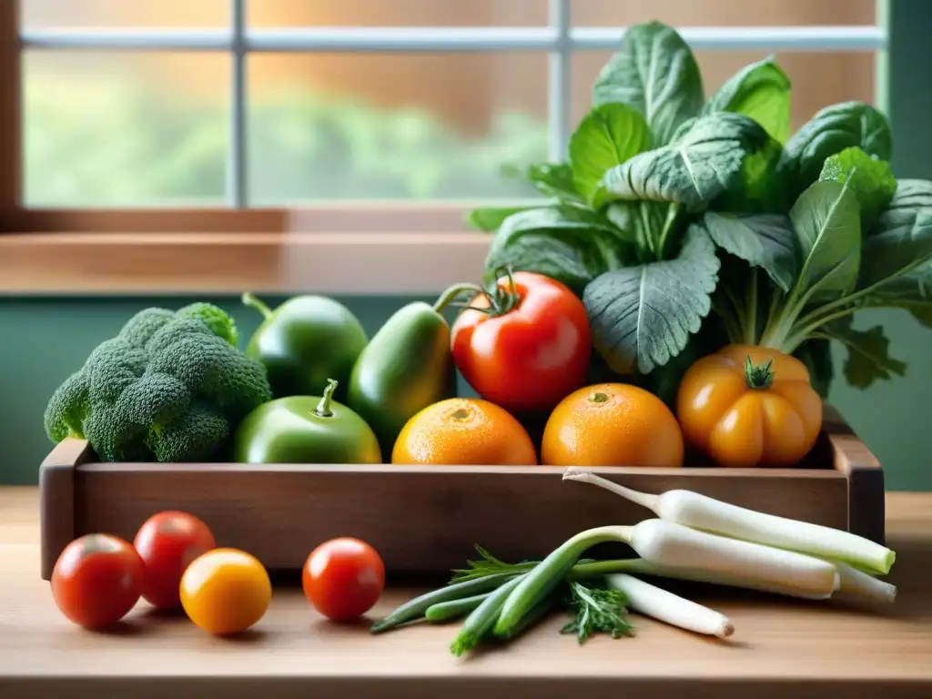 Una exquisita variedad de frutas y verduras frescas en tabla de cortar, iluminadas por la luz natural