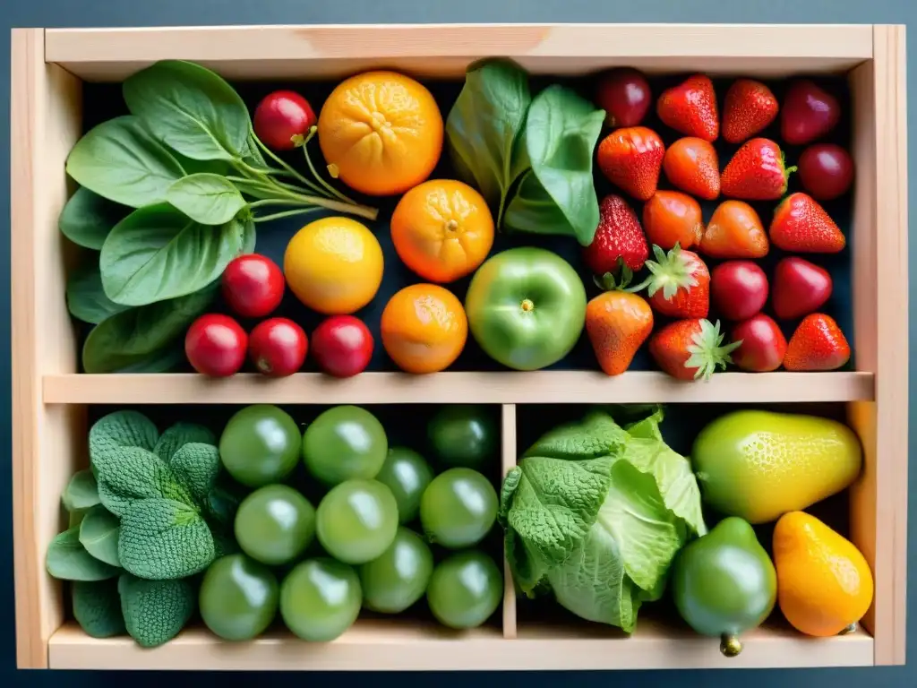 Una exquisita variedad de frutas y verduras frescas en una caja de madera, con gotas de agua brillando al sol