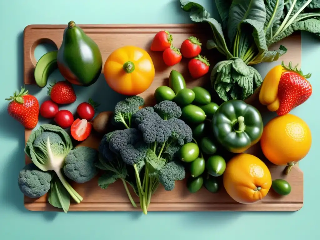 Una exquisita variedad de frutas y verduras sin gluten, frescas y coloridas, dispuestas en una tabla de cortar de madera