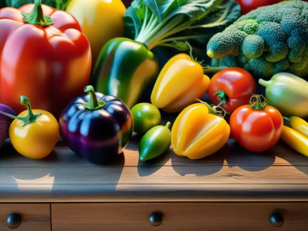 Una exquisita variedad de frutas y verduras coloridas en una mesa de madera rústica