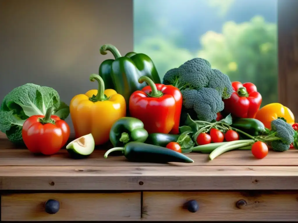 Una exquisita variedad de frutas y verduras frescas y coloridas en una mesa rústica de madera