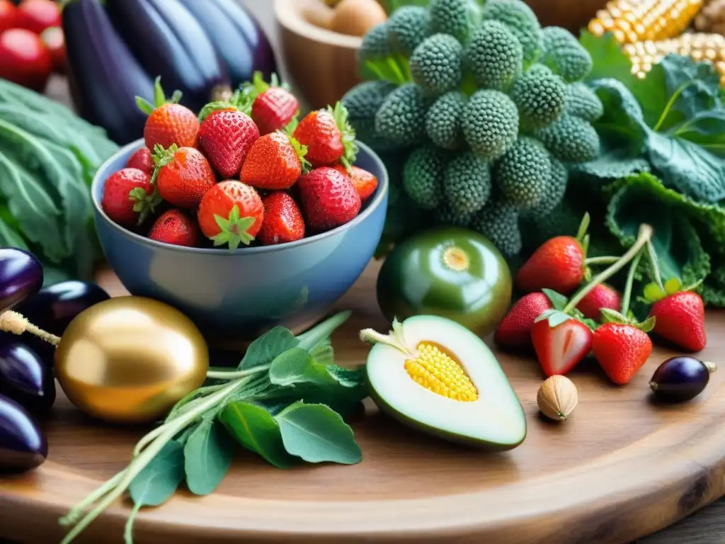 Una exquisita variedad de frutas, verduras y granos frescos en una mesa rústica