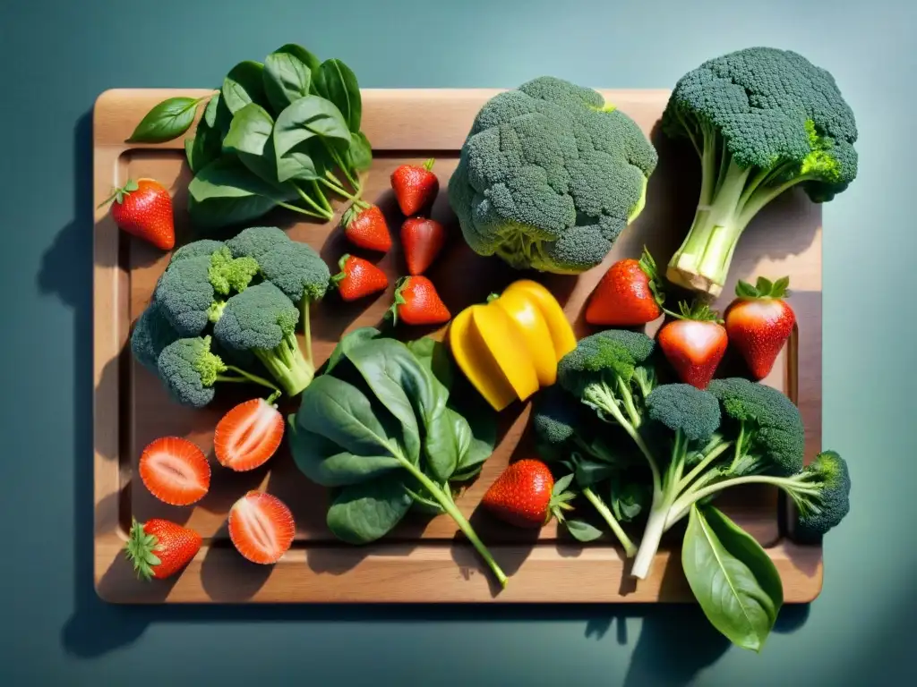 Deliciosos alimentos ricos en hierro: glutenfree y vibrantes Una exquisita variedad de frutas y verduras ricas en hierro en una tabla de madera