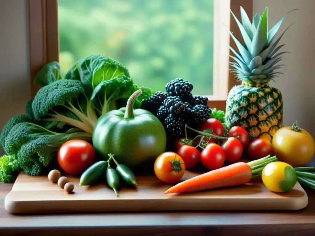 Una exquisita variedad de frutas y verduras frescas sobre tabla de madera, resaltando fuentes de fibra en dieta sin gluten