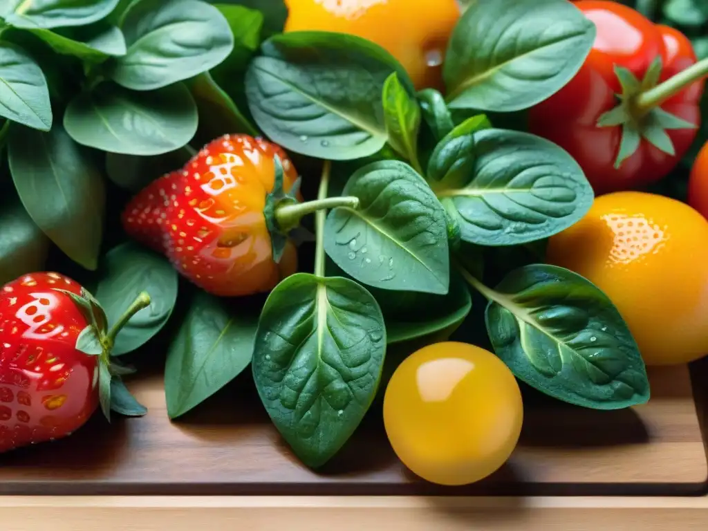 Una exquisita variedad de frutas y verduras frescas y sin gluten sobre tabla de madera, resaltando los beneficios en la dieta deportiva