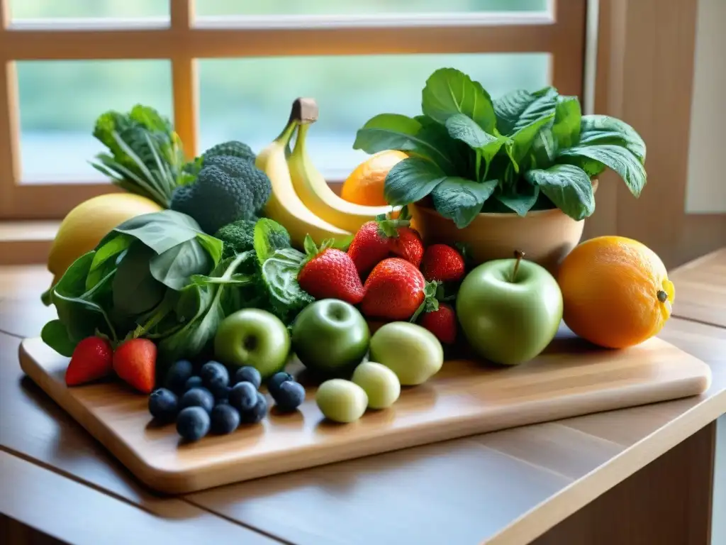 Una exquisita variedad de frutas y verduras frescas en tabla de madera iluminada por el sol