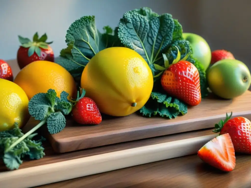 Una exquisita variedad de frutas y verduras frescas y coloridas en tabla de madera, destacando su frescura con gotas de agua