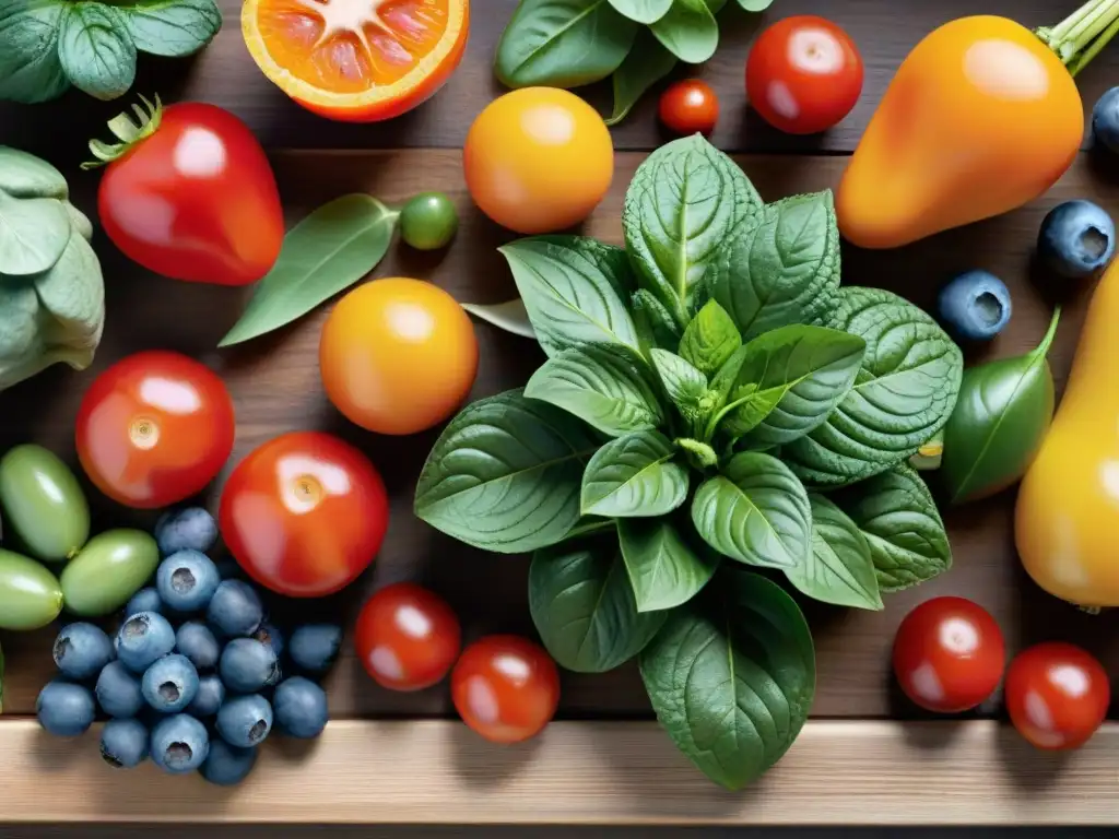 Una exquisita variedad de frutas y verduras frescas sobre mesa rústica: fresas, naranjas, moras, uvas, pimientos, espinacas, zanahorias y tomates