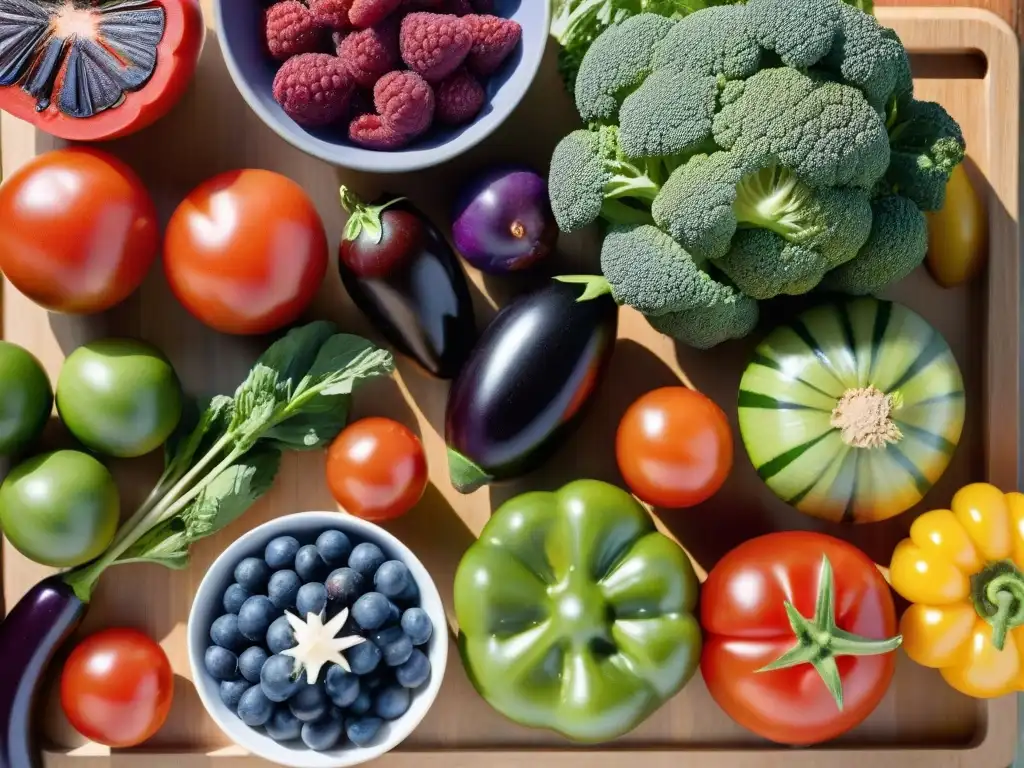 Una exquisita variedad de frutas y verduras frescas, colores vibrantes y texturas ricas en una tabla de cortar de madera