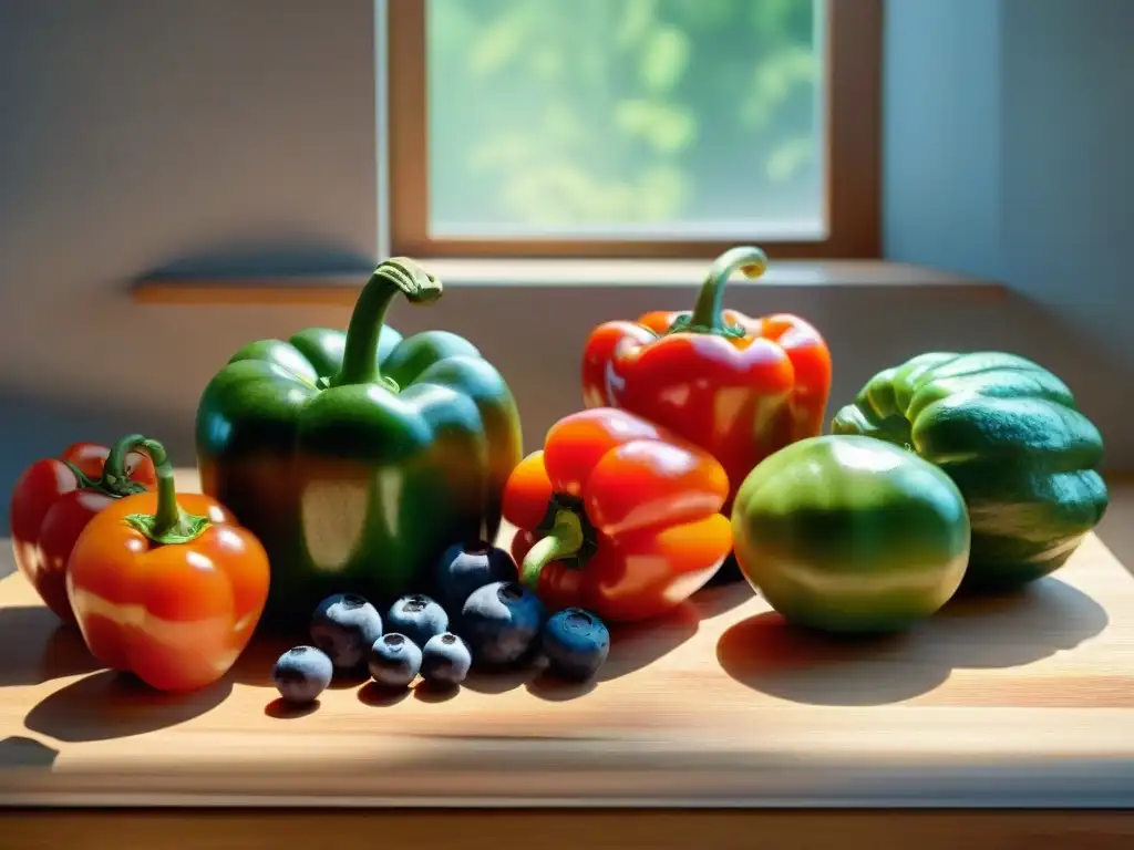 Una exquisita variedad de frutas y verduras frescas en tabla de madera, con gotas de agua brillantes