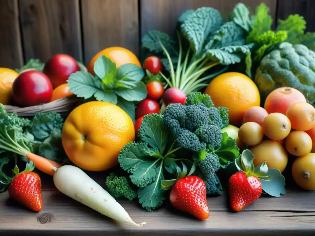 Una exquisita variedad de frutas y verduras sin gluten, frescas y vibrantes, dispuestas en una mesa de madera rústica