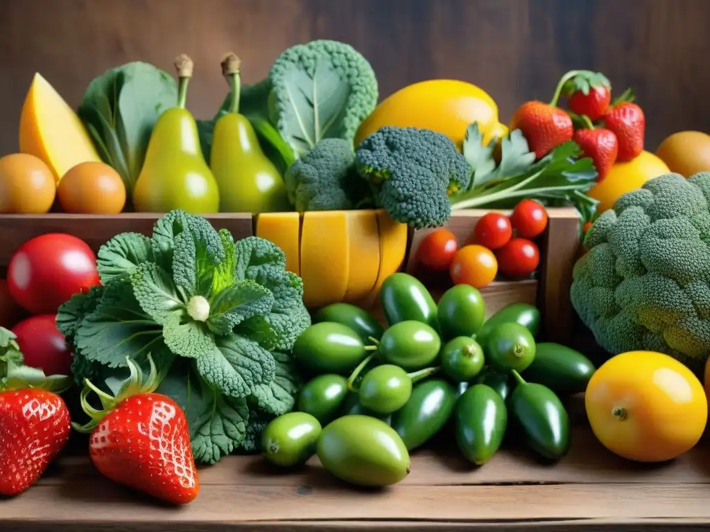 Una exquisita variedad de frutas y verduras frescas sobre una mesa de madera rústica, ideal para recetas sin gluten con frutas