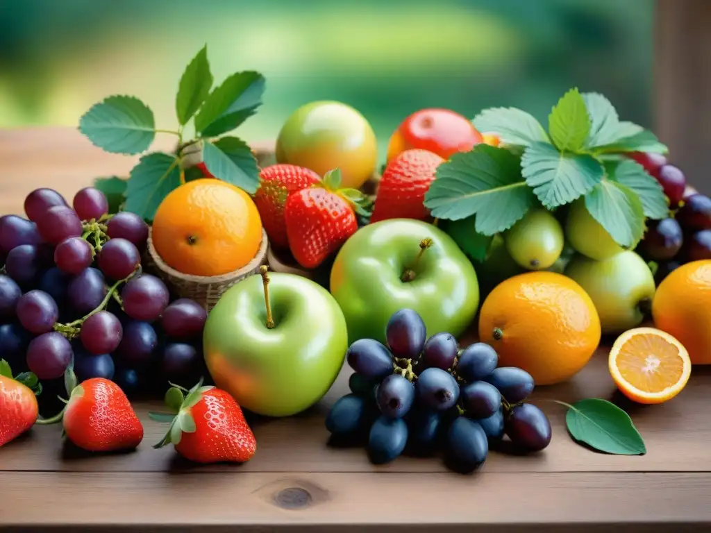 Una exquisita variedad de frutas y verduras coloridas sobre una mesa de madera rústica