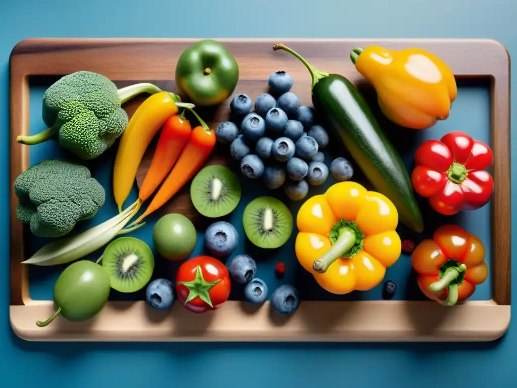 Una exquisita variedad de frutas y verduras frescas sobre tabla de cortar de madera, con luz natural resaltando sus colores y texturas