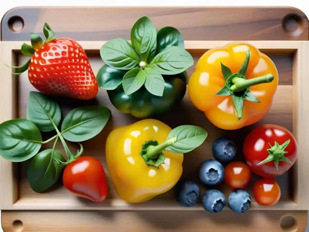 Una exquisita variedad de frutas y verduras frescas sobre tabla de madera, reflejando frescura y color en una dieta FODMAP baja gluten