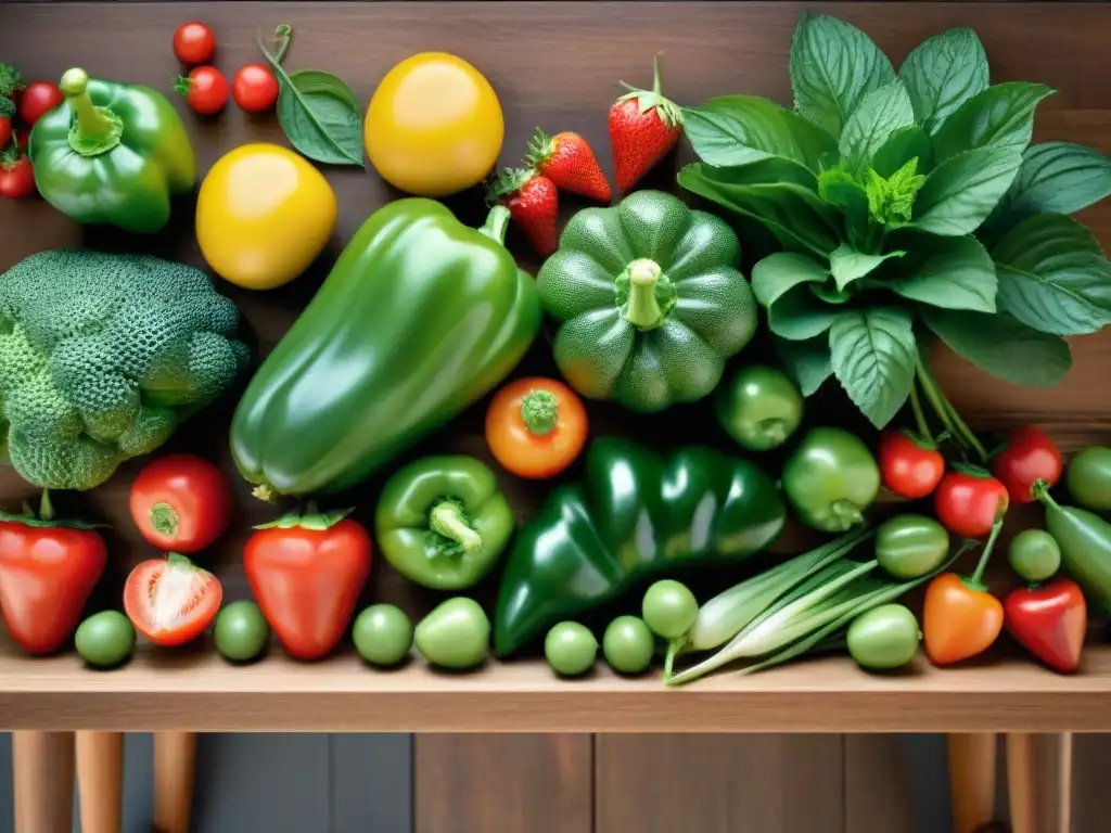 Una exquisita variedad de frutas y verduras sin gluten para la dieta FODMAP, coloridas y frescas en una mesa de madera