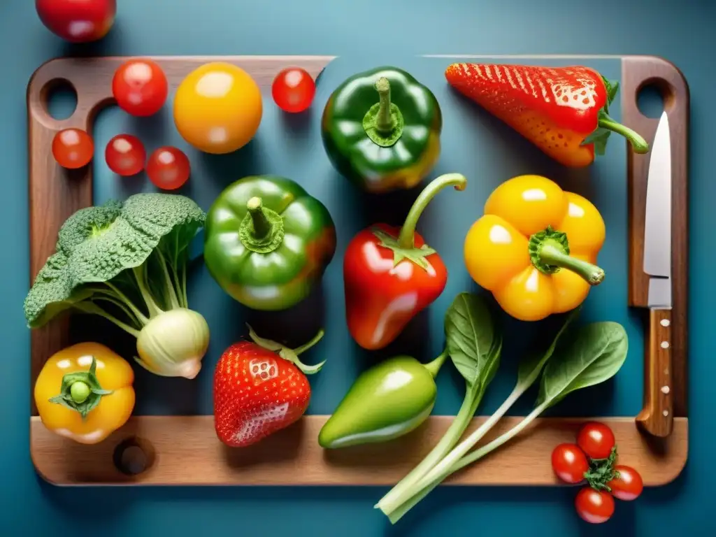 Una exquisita variedad de frutas y verduras frescas, sin gluten dieta FODMAP, en un tablero de madera brillante