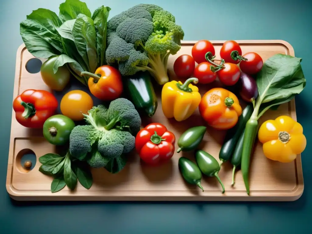 Una exquisita variedad de frutas y verduras frescas en una tabla de madera, con gotas de agua brillantes