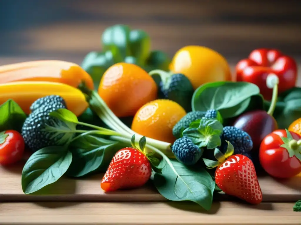 Una exquisita variedad de frutas y verduras frescas en una tabla de cortar, iluminadas por luz natural, ideal para una Dieta FODMAP baja en gluten