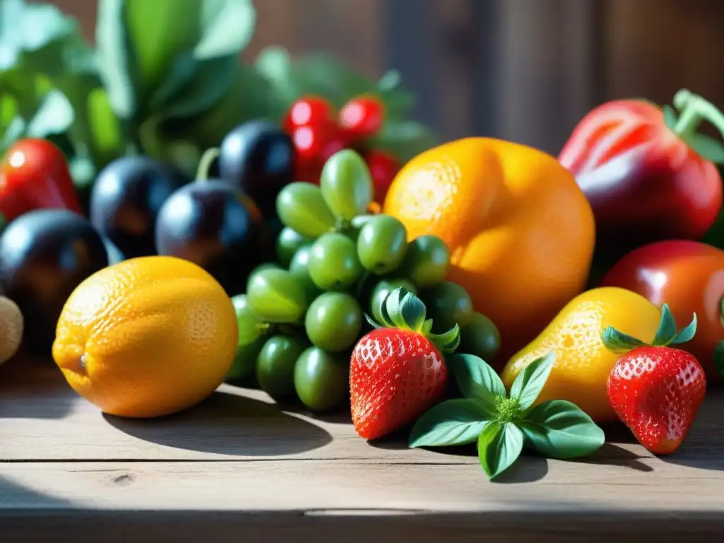 Una exquisita variedad de frutas y verduras frescas sobre mesa de madera rústica, invita a seguir una dieta FODMAP sin gluten