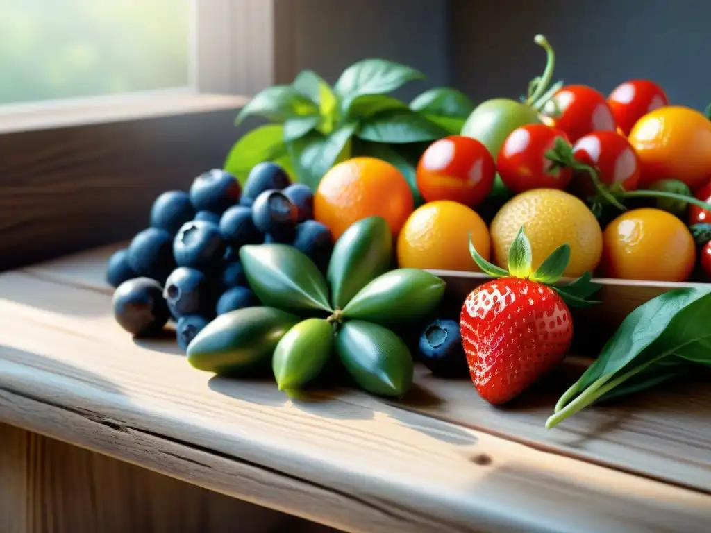 Una exquisita variedad de frutas y verduras frescas en una mesa rústica, iluminadas por el sol