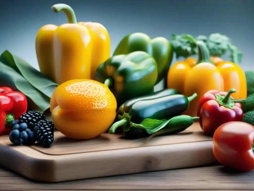 Una exquisita variedad de frutas y verduras frescas y coloridas sobre tabla de madera, con gotas de agua brillantes