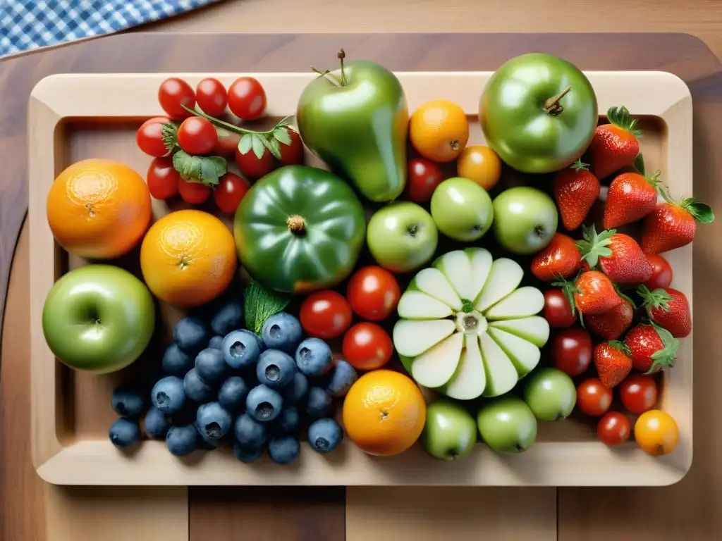 Una exquisita variedad de frutas y verduras coloridas en una tabla de cortar de madera, bajo una luz natural que realza su frescura