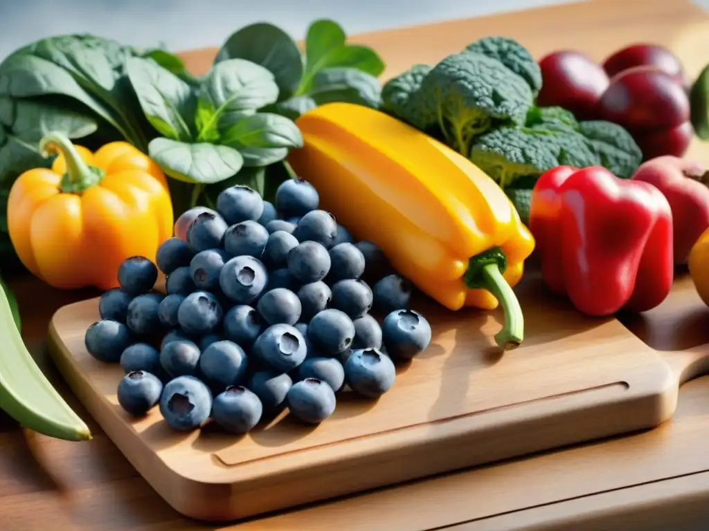 Una exquisita variedad de frutas y verduras coloridas y frescas sobre tabla de cortar de madera