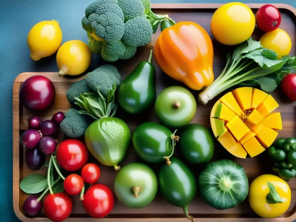 Una exquisita variedad de frutas y verduras coloridas en una tabla de cortar de madera