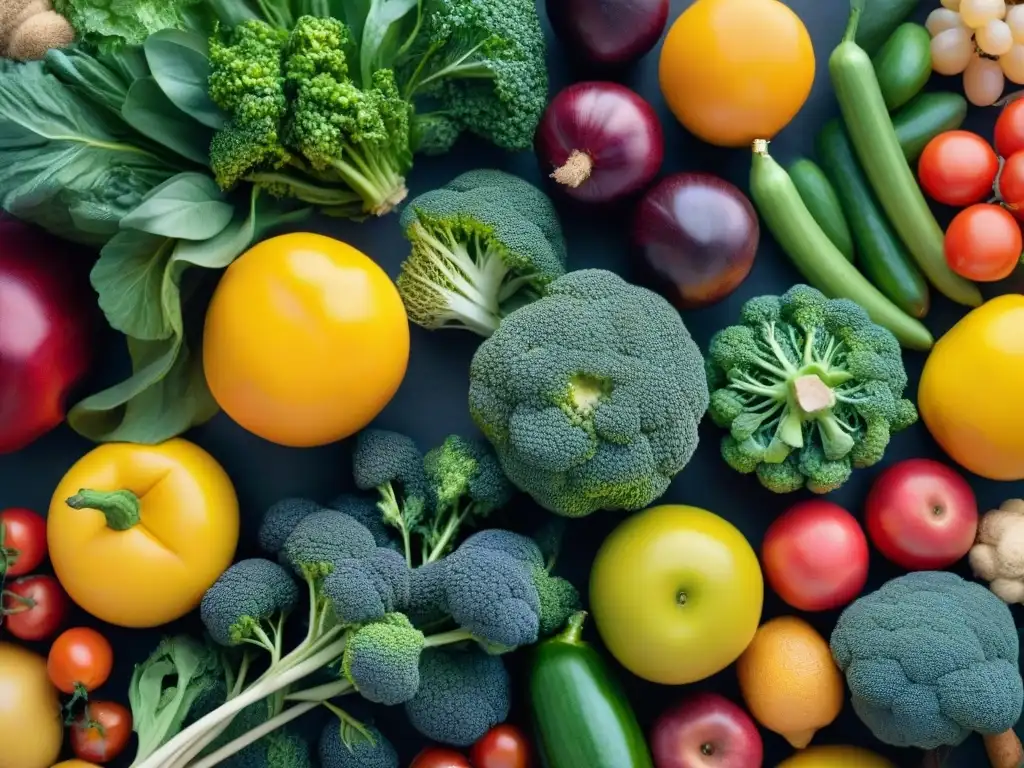 Una exquisita variedad de frutas y verduras coloridas y frescas, ideal para una dieta sin gluten y microbiota