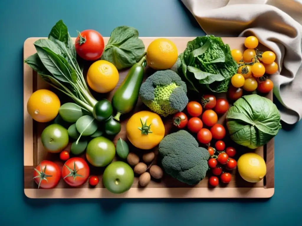 Una exquisita variedad de frutas y verduras coloridas en tabla de madera